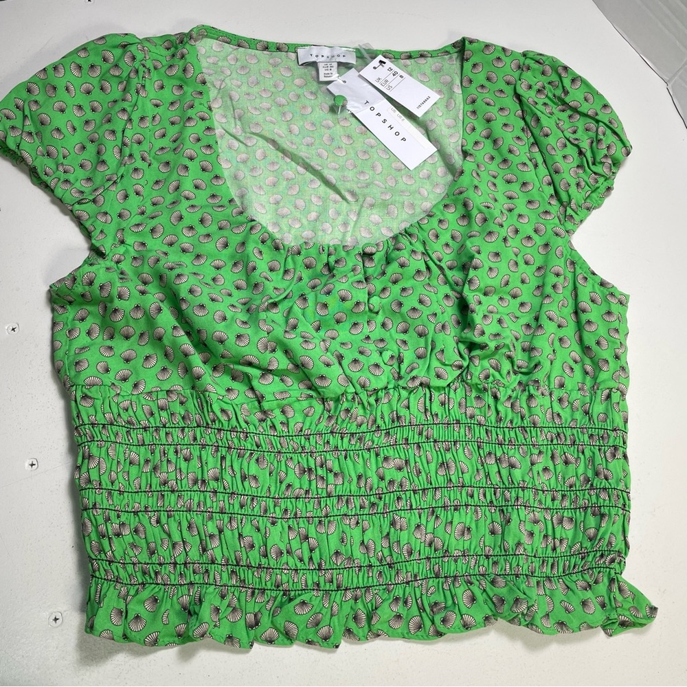 BNWT Topshop Lime Green Seashell Print Cropped Peasant Blouse 8